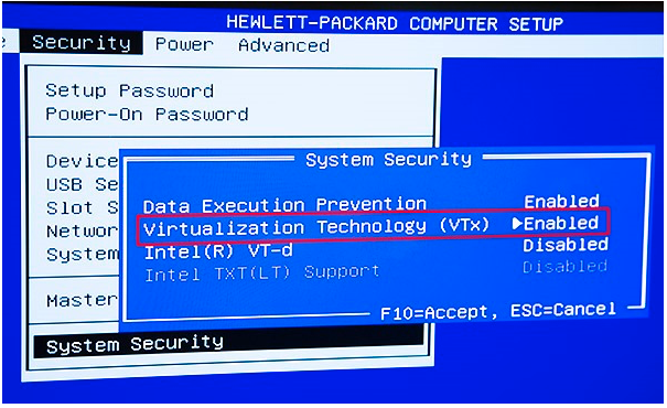 BIOS setting information for hardware virtualization support Virtualization Technology (VTx) must be enabled in BIOS settings